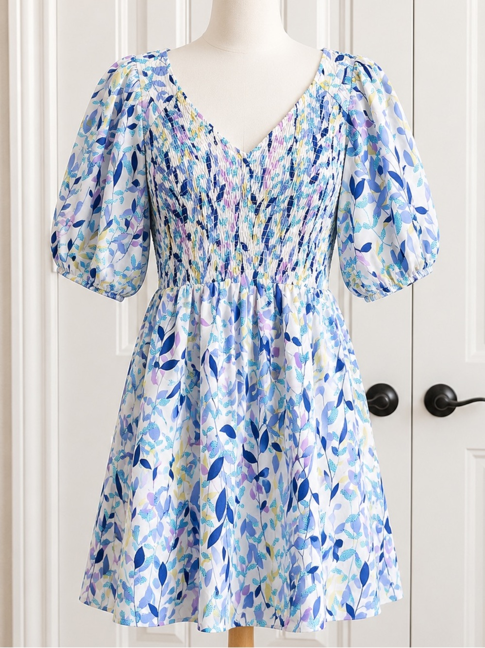 JODIFL Blue, White & Light Purple Leaf-Print Smocked Mini Dress - Picture 1 of 5